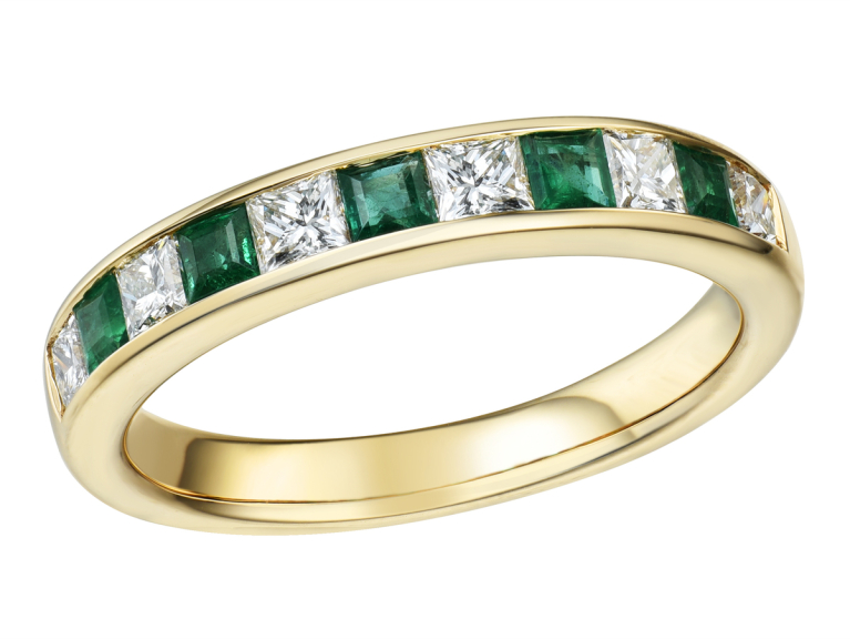 18ct Gold Princess Cut Emerald & Diamond Channel Set Half Eternity Ring ...