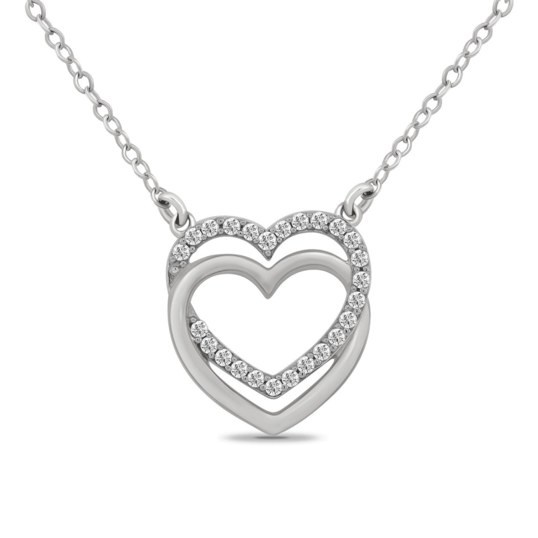 9ct White Gold Diamond Set Double Linked Hearts Pendant Necklace
