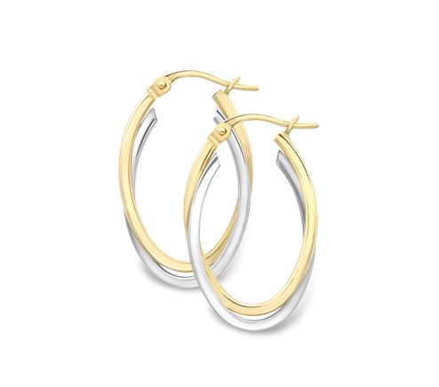 9ct Yellow & White Gold Crossover Oval Hoop Earrings